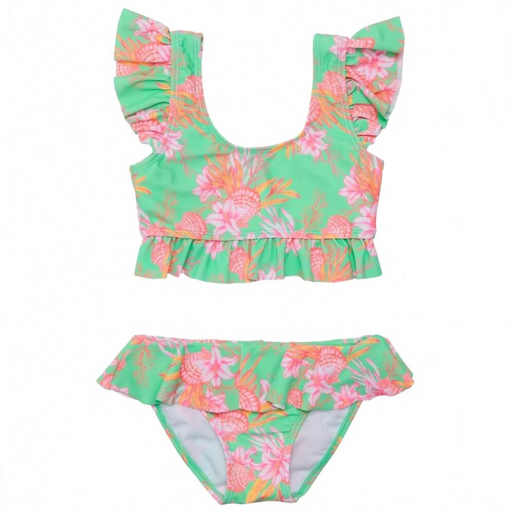 NEW SNAPPER ROCK girl's frilled crop bikini in coastal shells